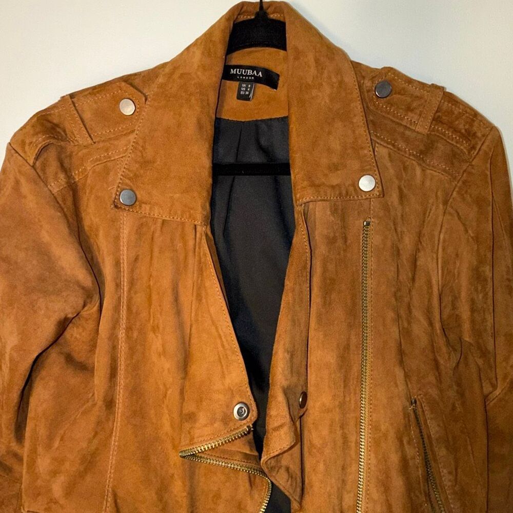 Muubaa Women’s Suede Moto Jacket Size 8 – Tan Brown Asymmetrical Zip Leather Bik - Picture 2 of 14